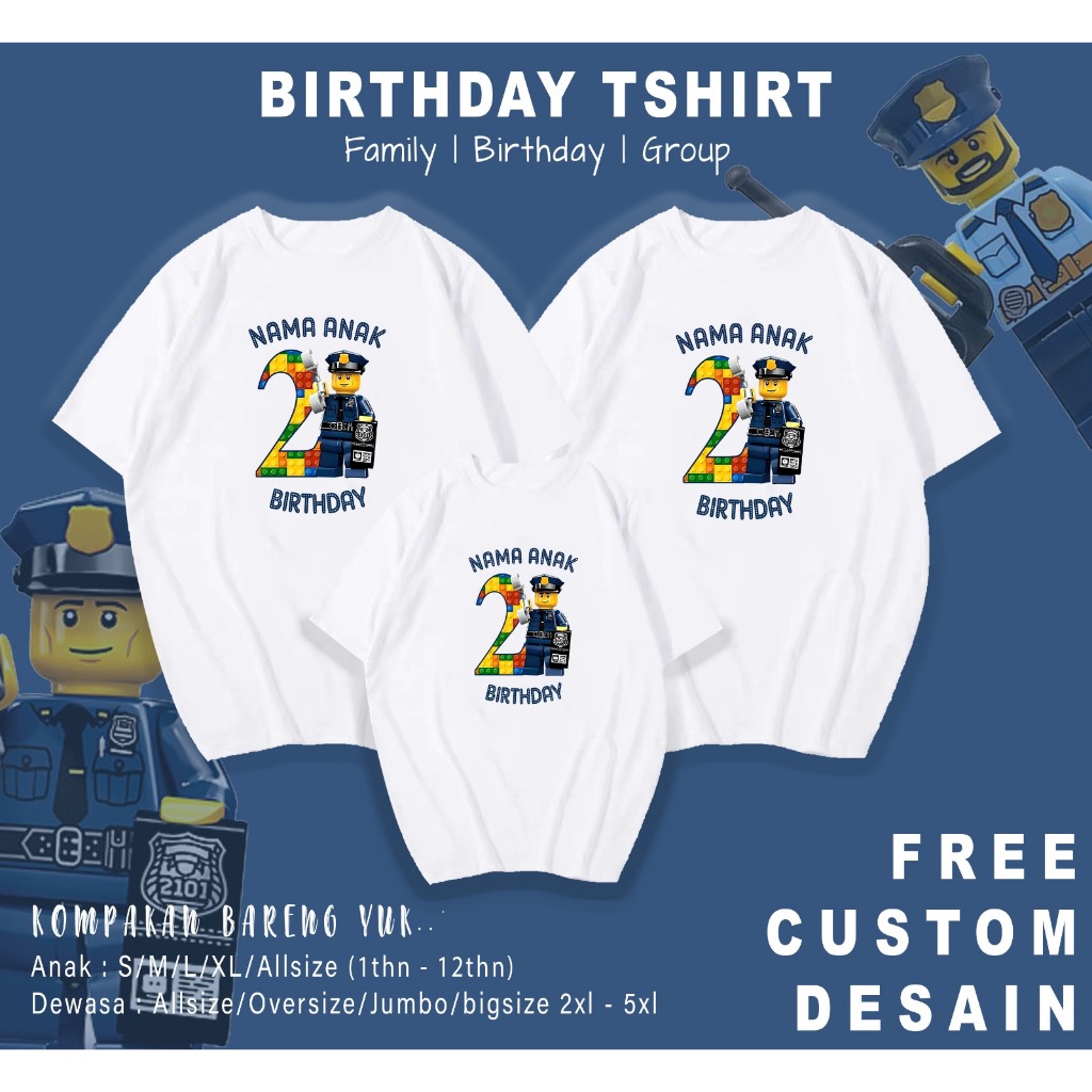 KAOS CUSTOM ULANG TAHUN TEMA LEGO KAOS FAMILY BIRTHDAY KAOS ANAK CUSTOM BAJU CUSTOM FAMILY