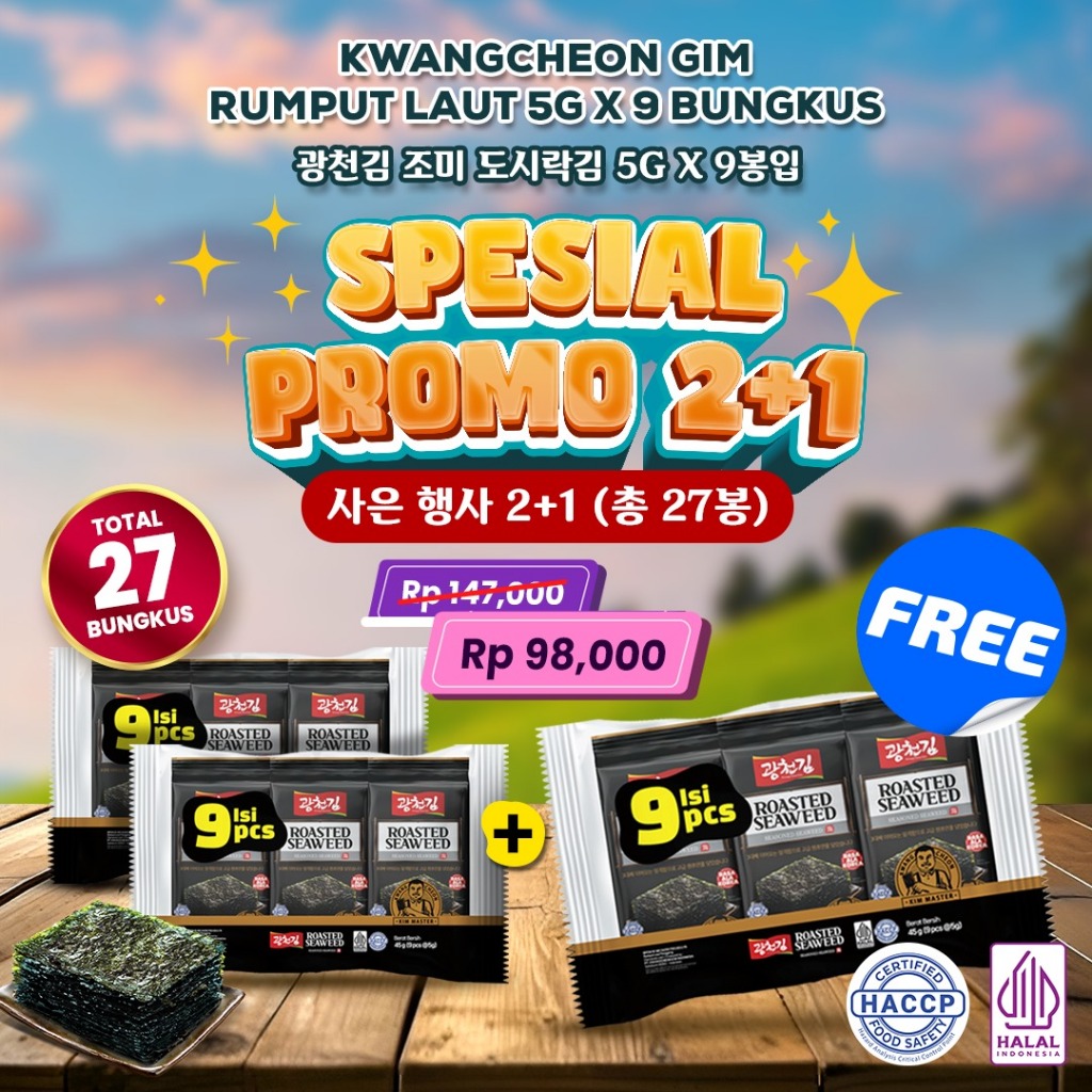 

[BELI 2 GRATIS 1] HALAL ROASTED SEAWEED KWANGCHEON KIM 45G (ISI 9 PCS) / RUMPUT LAUT PANGGANG / NORI PANGGANG / NORI SNACK