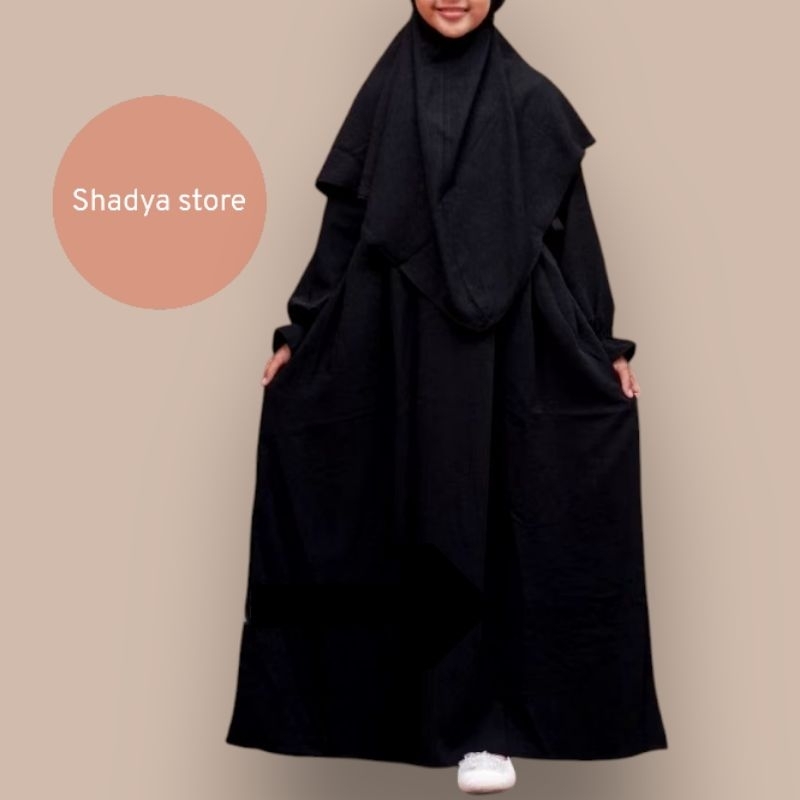 set gamis hitam polos anak. include hijab