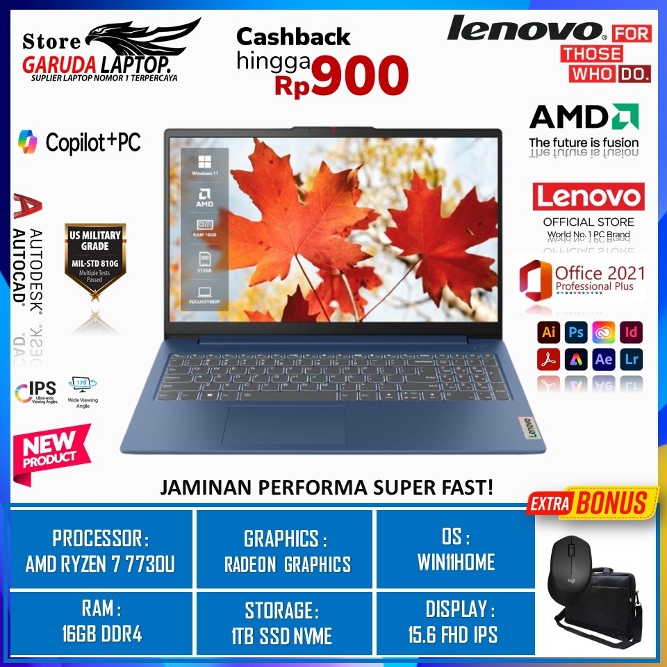 LAPTOP GAMING LENOVO IDEAPAD SLIM 3 15 AMD RYZEN 7 7730U 16GB 1TB FHD IPS BL WIN11HOME