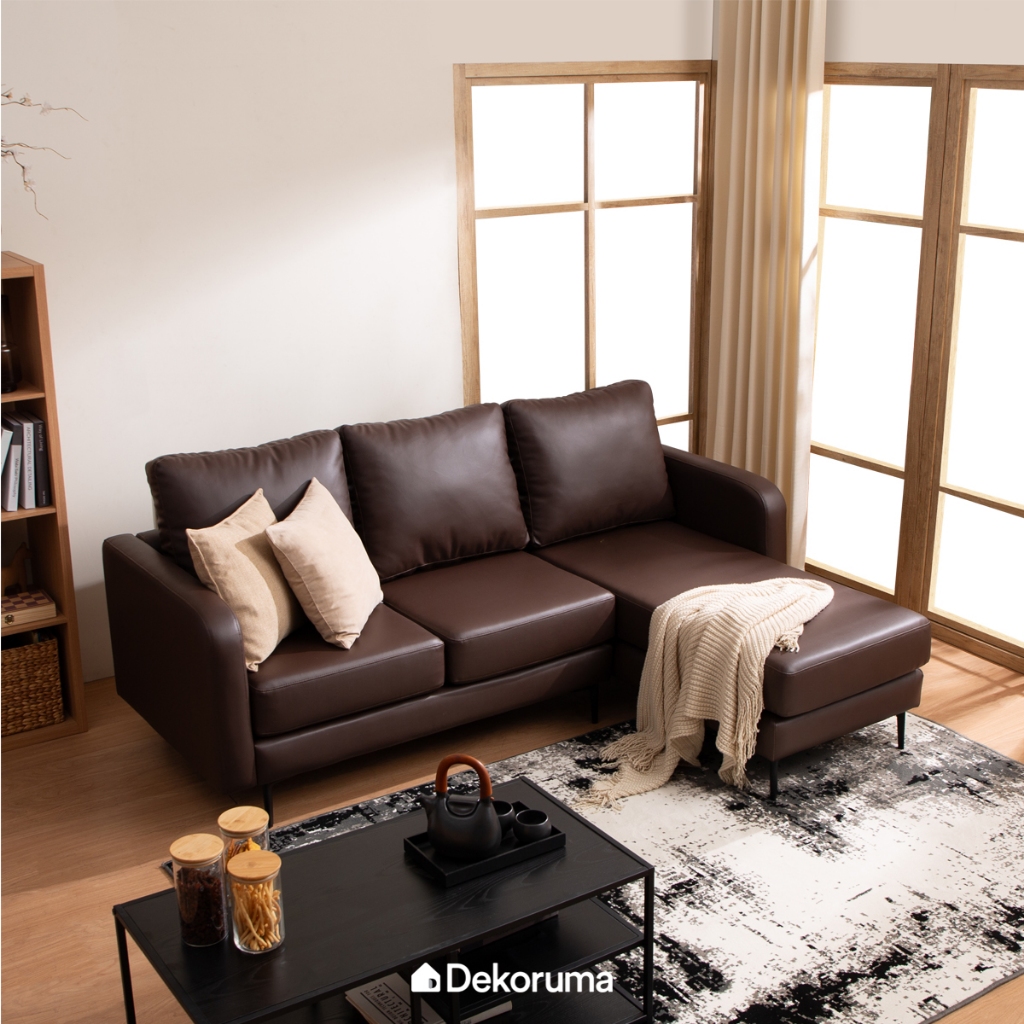 Dekoruma TAKA Sofa Sudut L Kiri Minimalis 3 Dudukan Kulit - Cokelat Tua