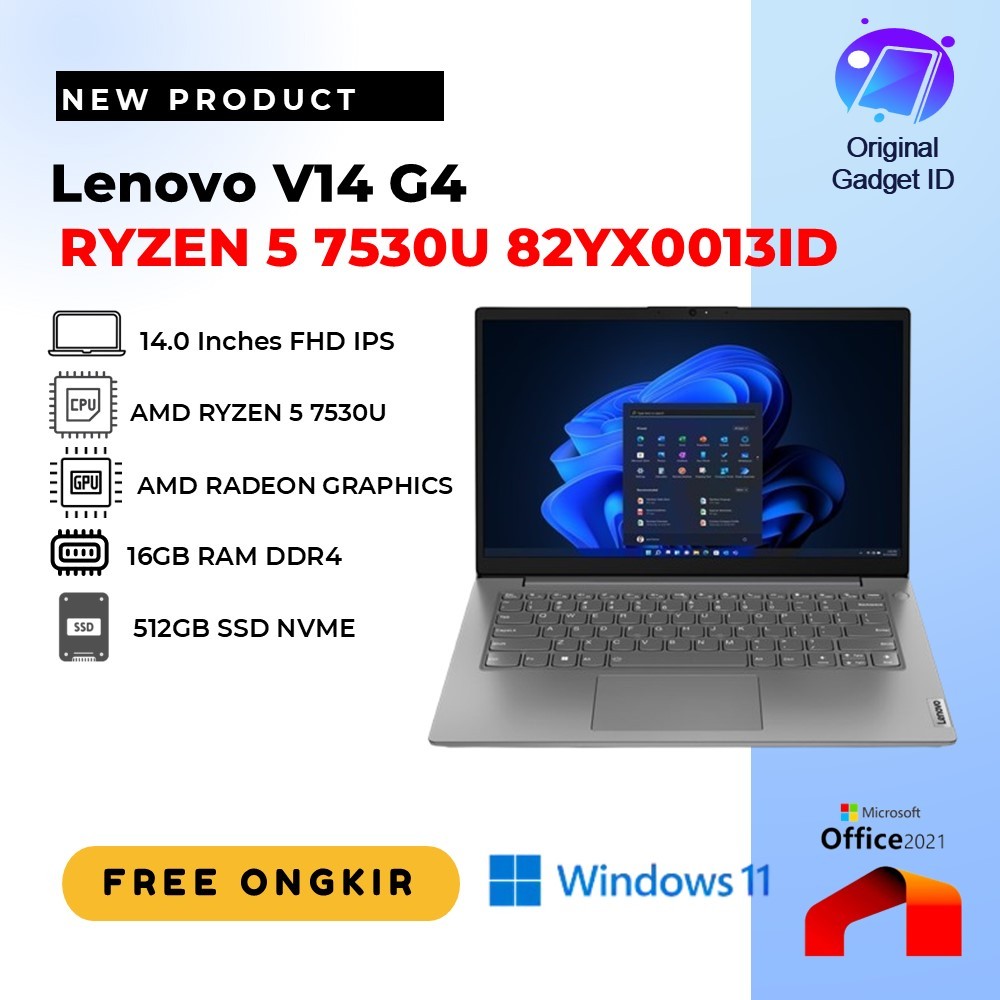Laptop lenovo v14 g4 ryzen 5 7530U ram 16GB ssd 512GB Layar FHD IPS Windows 11 Baru Resmi