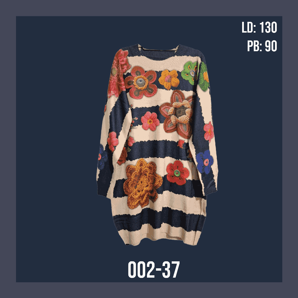 Atasan tunik rajut premium import motif bunga dan salur horizontal hitam