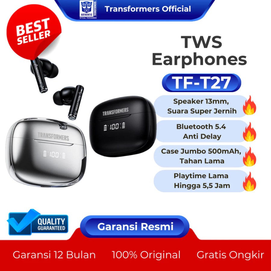 EARPHONE TRANSFORMERS TF-T27 TWS EARBUDS BLUETOOTH 5.4 - HEADSET GAMING - HEADSET WIRELESS - HEADSET