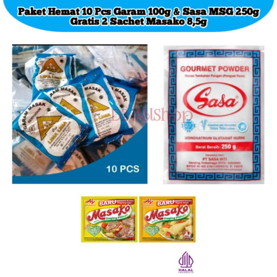 

Paket Hemat 10 Pcs Garam Dapur Beryodium + 1 Pcs MSG 250g Free Masako 2 Pcs