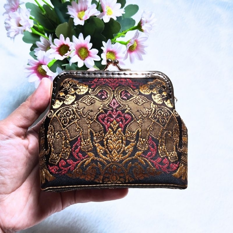 Dompet Koin Wanita Dompet Mini Cewek Kain Tenun Motif Gajah Emas