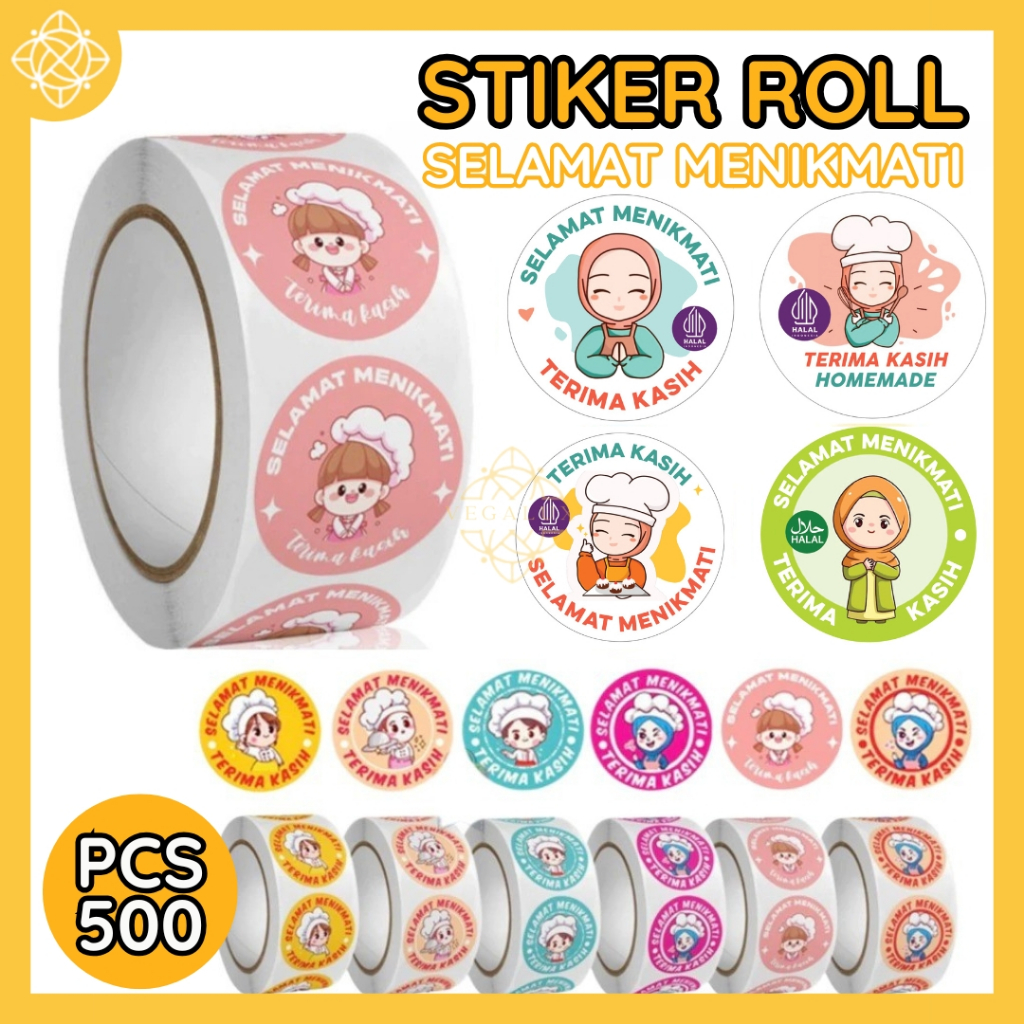 

500 Pcs Stiker Roll Selamat Menikmati Sticker Bulat Roll Makanan Kue Thank You Terima Kasih - SB015