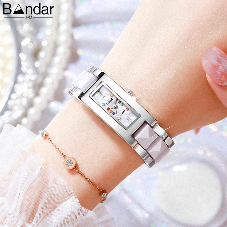 Jam Tangan wanita  Kotak Kecil Elegan Fashion DialBerlian Berwarna KecilTali Keramik Mewah