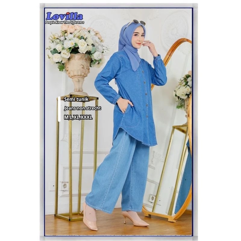 Lovilla fashion semi tunik jeans kerah sanghai list A warna biru muda ukuran m,l,xl,xxxl