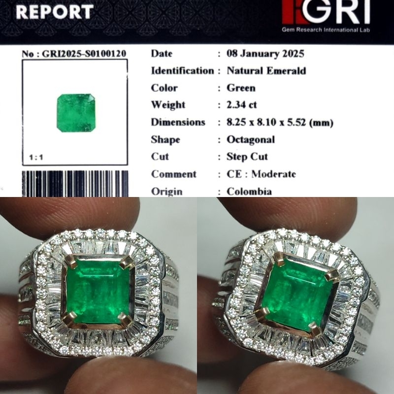 HOT ITEM Natural Emerald Colombia 2.34ct GRI Top Crystall Ijo Botol Full Luster Gemericik Ring Perak
