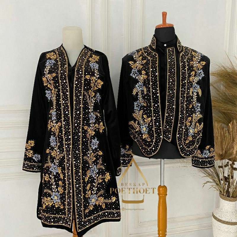 ￼ADA KUTUBARU NYA  Sepasang beskap dan kebaya bludru premium solo putri  pengantin jawa hitam payet 