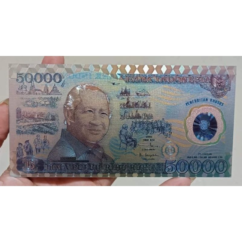 SOUVENIR SILVER FOIL 50.000 SUHARTO VERSI POLIMER / REPLIKA