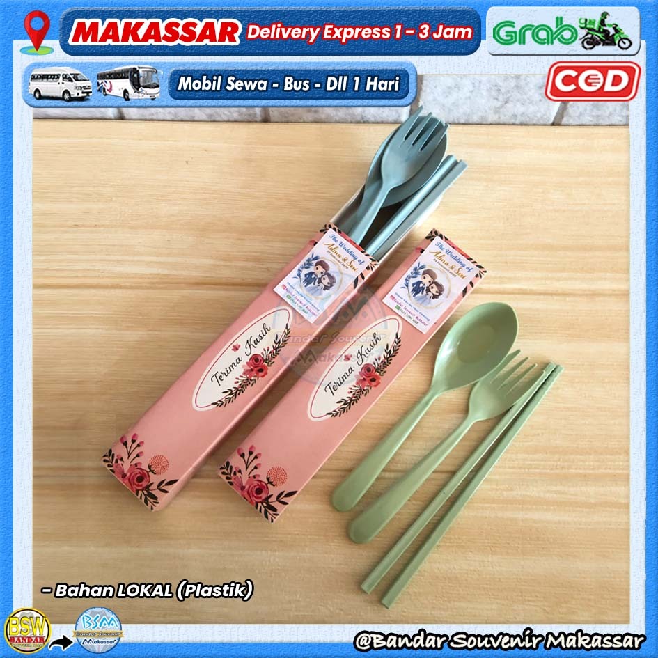 ( isi 50 pcs ) Souvenir Sendok Garpu Sumpit LOKAL Set Travel Kemas BOX SLIDE Makassar Kendari