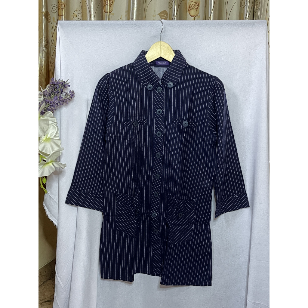 [PRELOVED] Kemeja Tunik Wanita Big Size Ukuran Besar Model Stripes Garis Biru Dongker Navy | Baju Pa