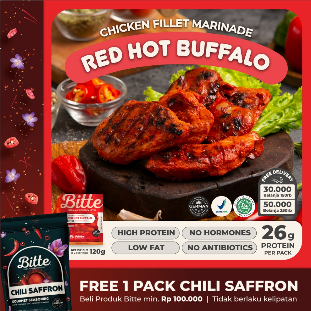 

Bitte Food Red Hot Buffalo Chicken Fillet Marinade / Ayam Filet Marinasi 120g