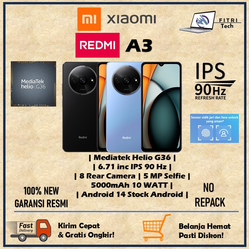 XIAOMI REDMI A3 | MEDIATEK HELIO G36 | RAM 4 GB | ROM 128 GB | 8 MP CAMERA | 5 MP CAMERA SELFIE | 6.