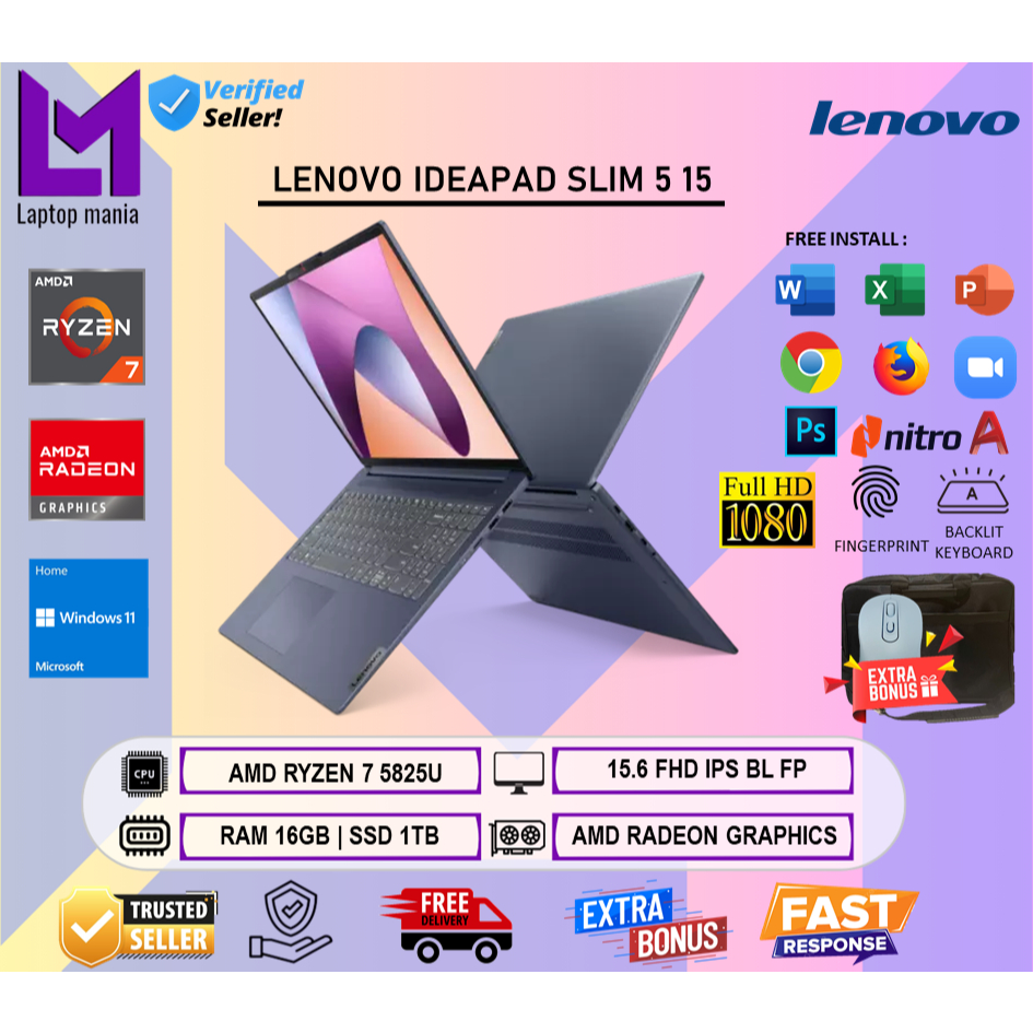 Lenovo Ideapad Slim 5 15 Ryzen 7 5825U 16GB 1TB 15.6 FHD IPS Backlit Win11Home