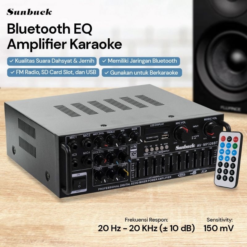 Sunbuck Bluetooth EQ Audio Amplifier Karaoke Home Theater FM Radio 2000W - AV-326BT