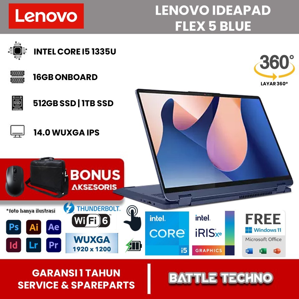 Laptop Baru Lenovo Ideapad Flex 5 Intel Core i5 1335U Ram 16GB SSD 1TB 14.0 WUXGA IPS TOUCH WIN11