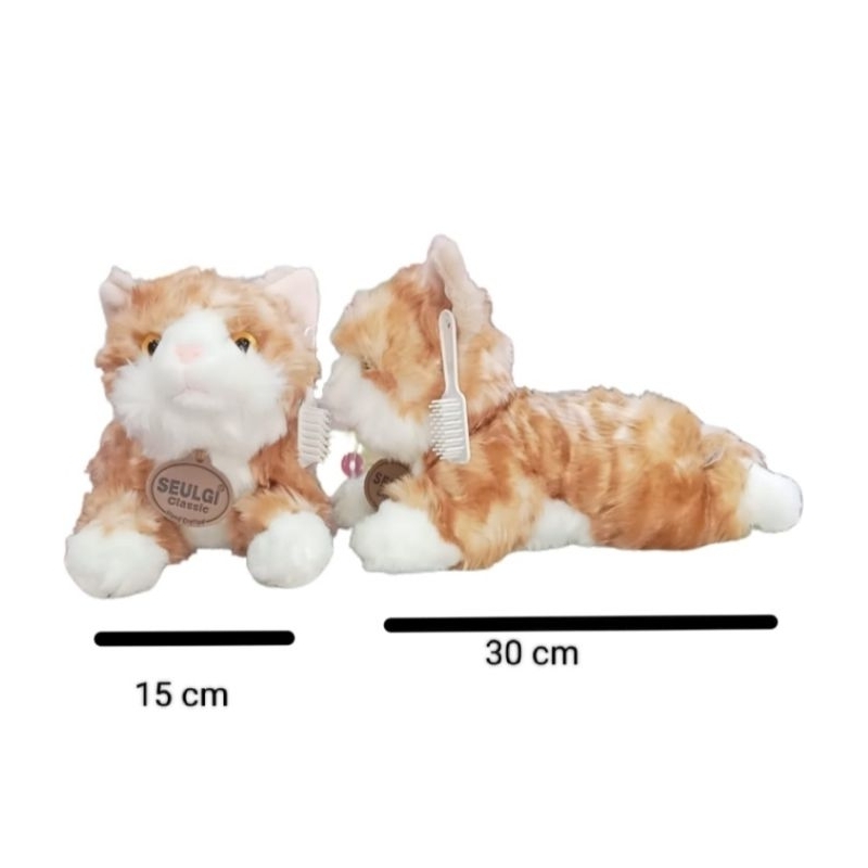 Boneka Lying Cat Belang Coklat / Cream Lucu Mirip Asli Panjang Badan 30cm / Buat Kado Anak / Teman /