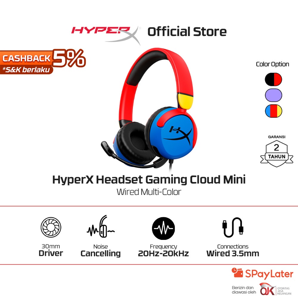 HyperX Headset Gaming Cloud Mini - Black / Lavender / Multi-Color Wired Noise Cancelling Leather Ste