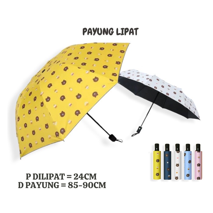 Payung Lipat Anti UV Payung Motif Bear Animasi Warna Warni Payung Hujan 3D Dengan Lapisan Hitam