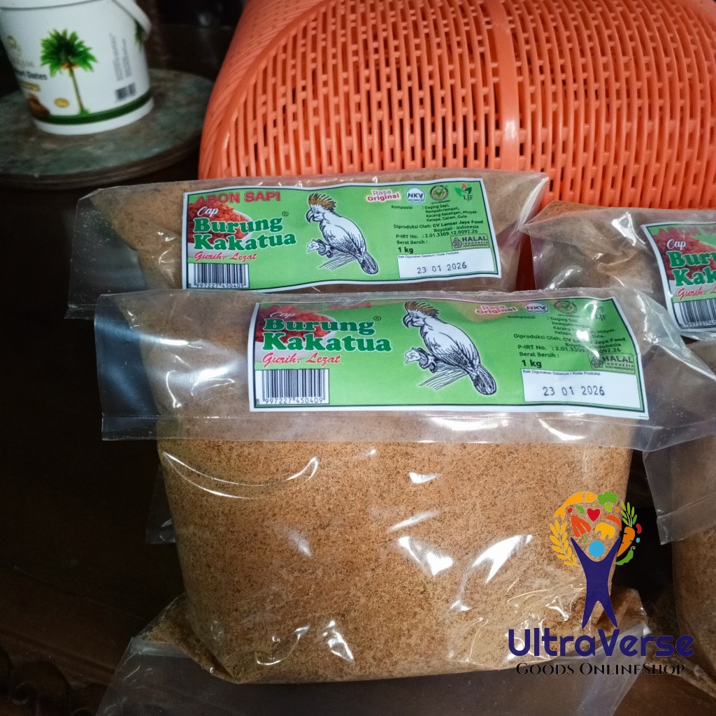 

ADR Abon Sapi Cap Kakatua Boyolali 1kg Cap Burung Kakatua Label Hijau Granul Halus Halal Murah