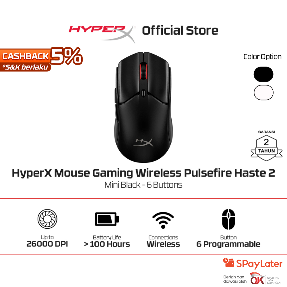 HyperX Mouse 2.4GHz Wireless Gaming Pulsefire Haste 2 Mini - Black / White 26000 DPI 6 Buttons RGB L