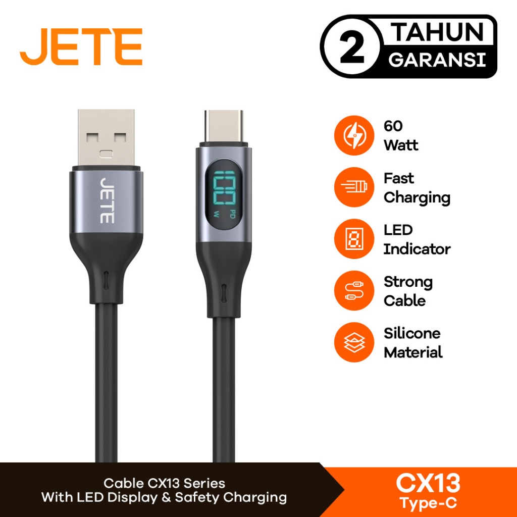 Kabel Data HP dan Laptop JETE CX13 Type C to Type C 60W with LED Indicator - Garansi 2th