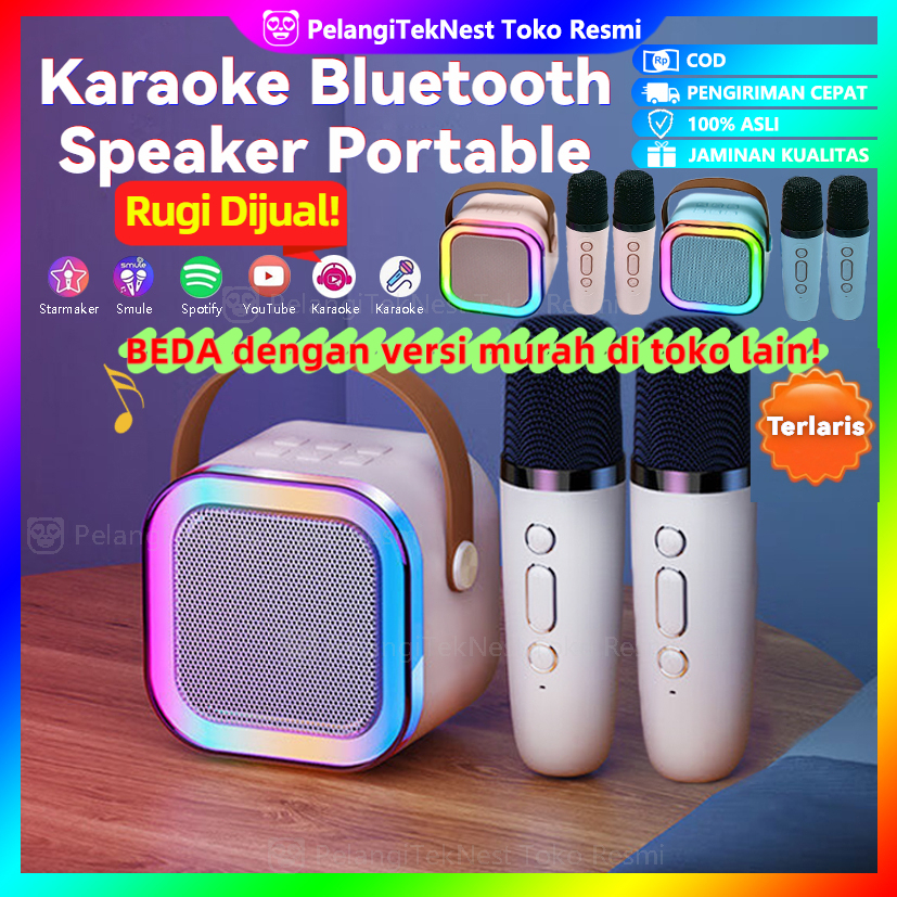 【COD】Speaker Bluetooth Karaoke 2 Mic Set Berkualitas Tinggi Lampu RGB Salon Bluetooth bt Speaker