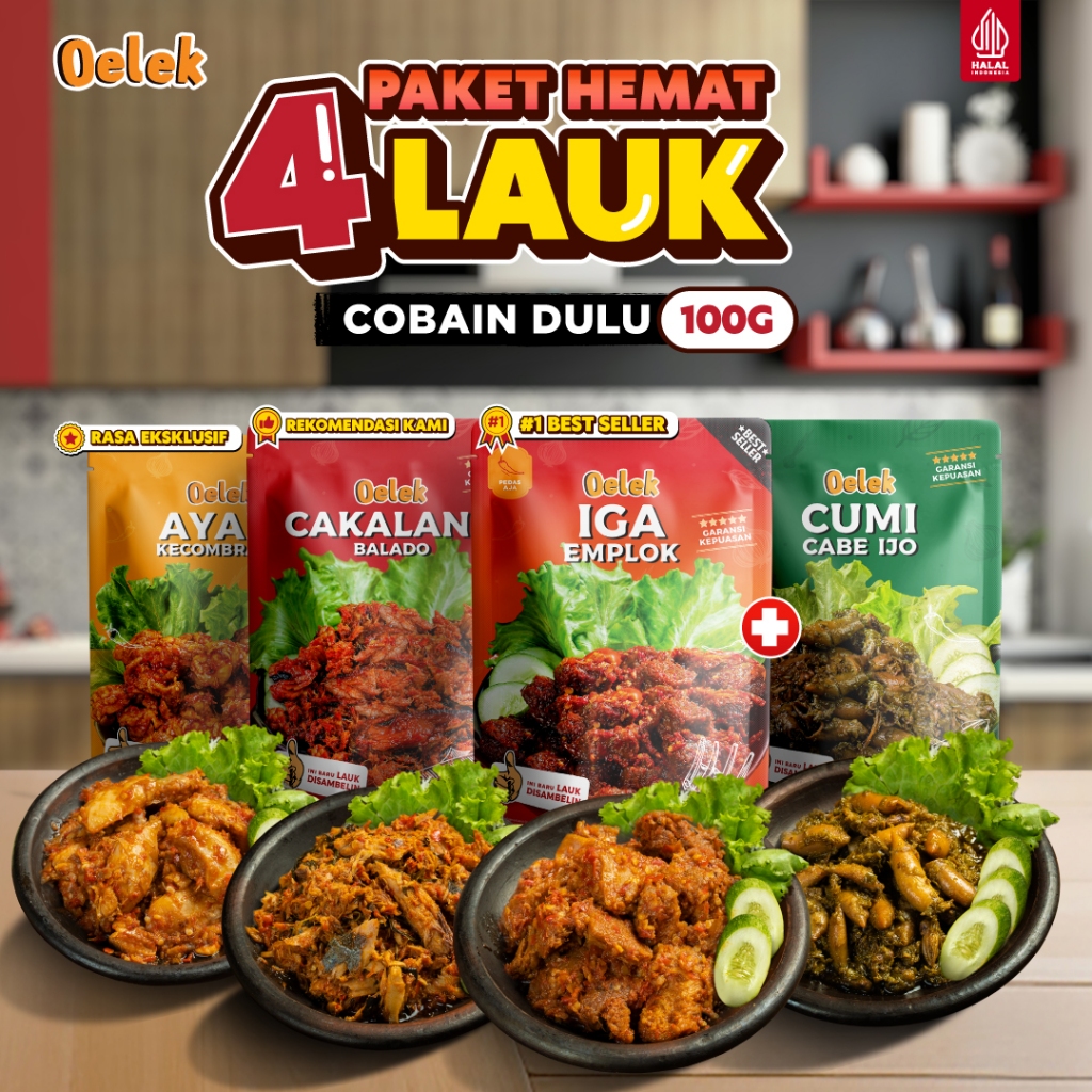 

Oelek Paket Cobain Dulu 4 Lauk / Iga Emplok / Cakalang Balado / Cumi Cabe Ijo / Ayam Kecombrang / Lauk Siap Saji