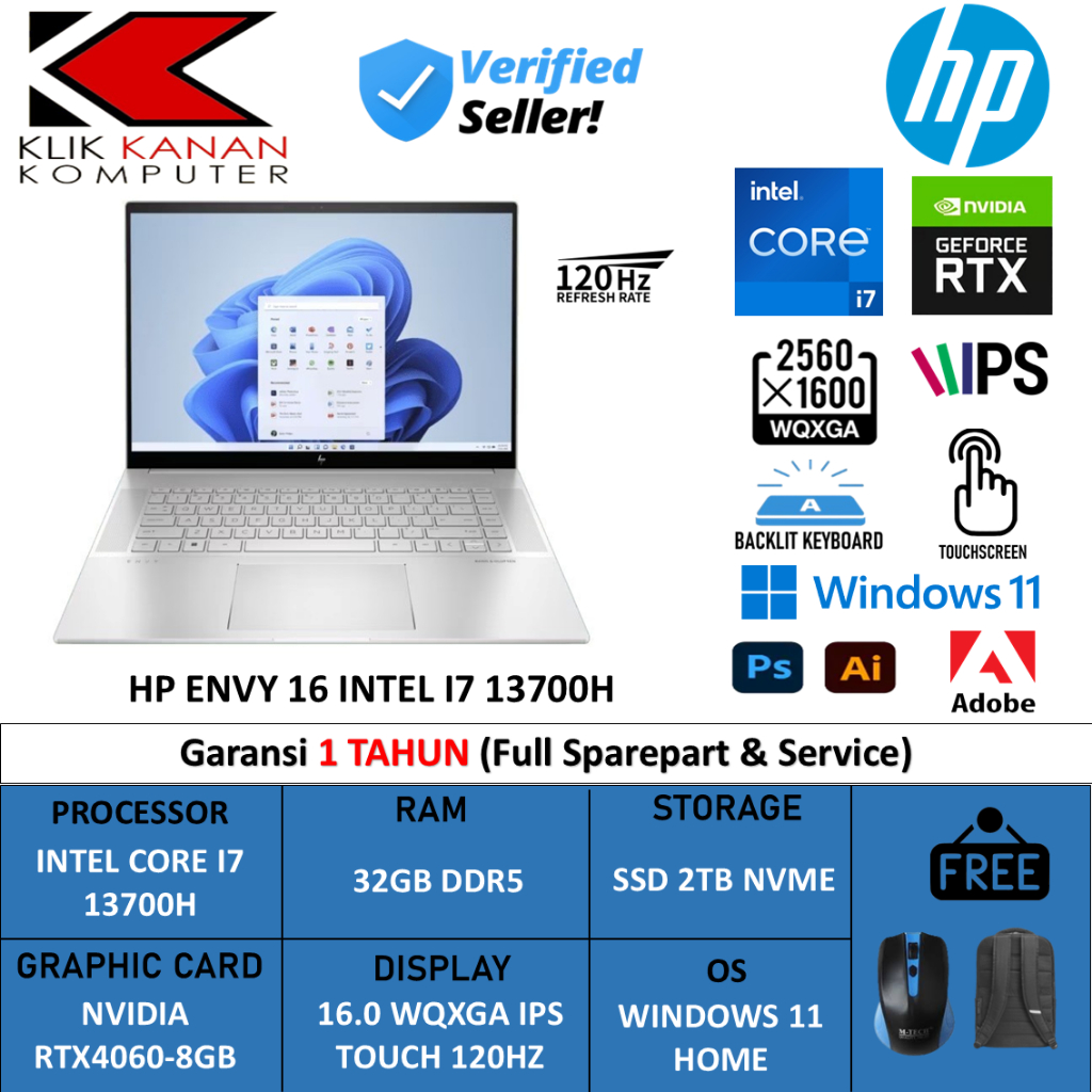 Laptop Gaming Hp Envy 16 Intel I7 13700H 32GB Ddr5 2TB RTX4060-8GB 16.0 WQXGA Ips 120Hz Touch Win11