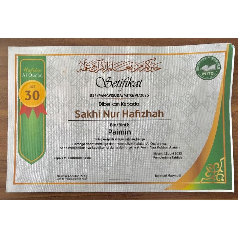 

sertifikat / piagam custom bahan linen