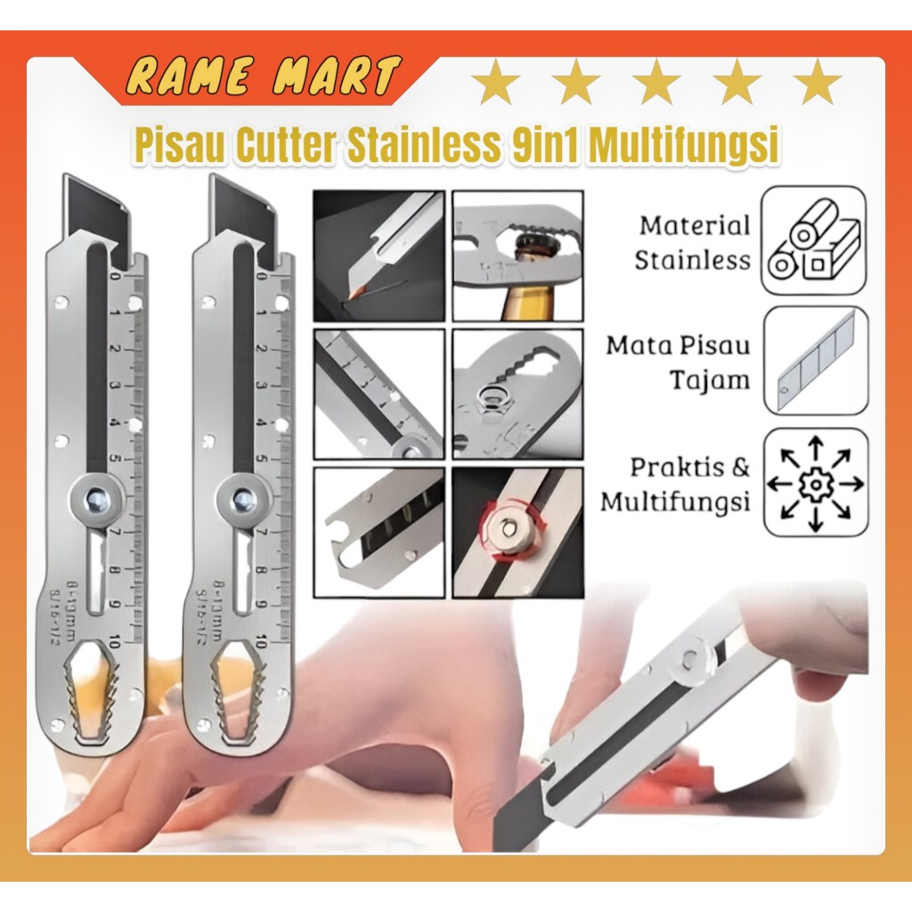 

Pisau Cutter Stainless 9in1 Multifungsi - Cutter Besi Tajam Anti Karat, Pemotong Serbaguna & Smart Cutter