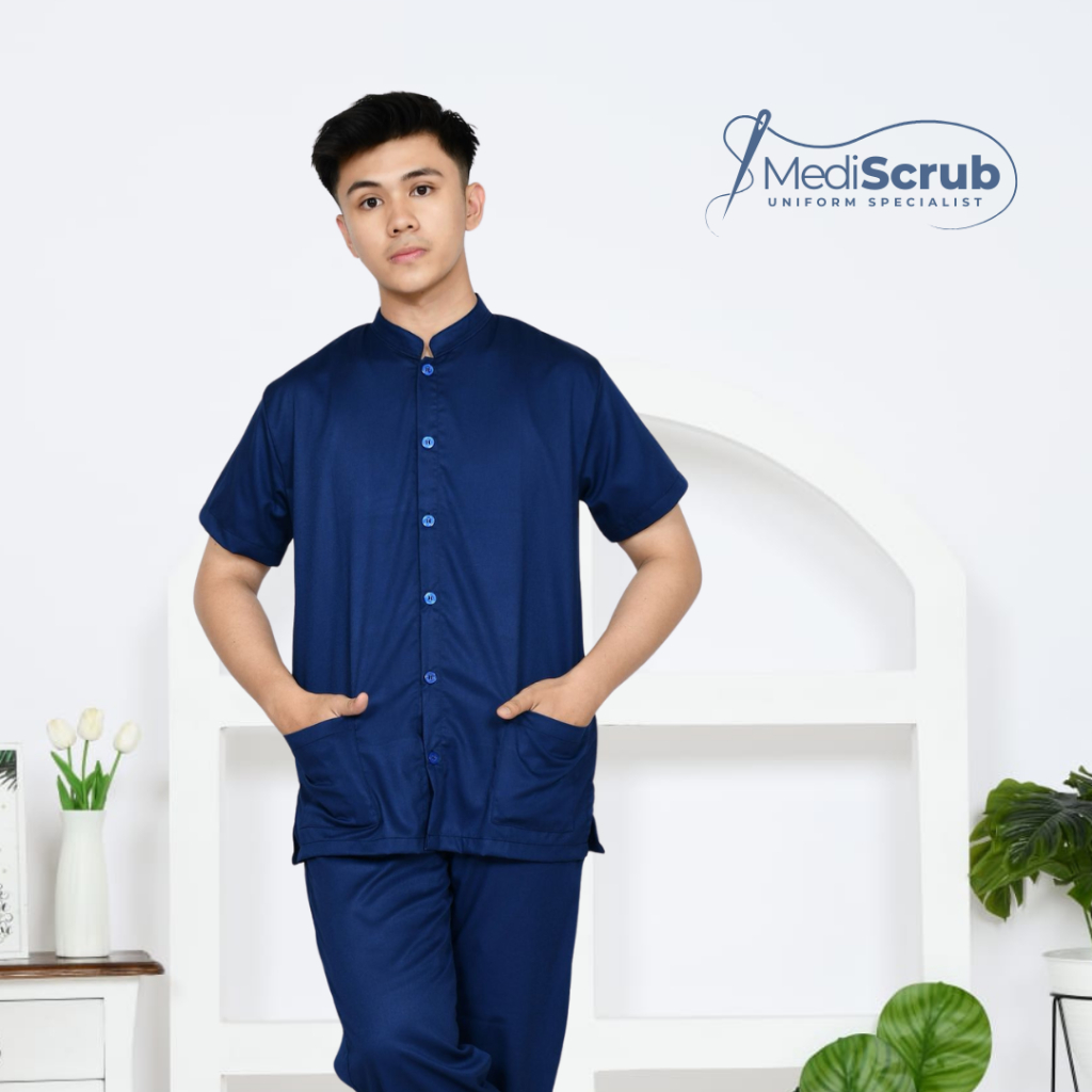 MEDISCRUB - SCRUBS PRIA KERAH KOKO BASIC FULL KANCING - Baju Jaga OK Dokter Perawat Medical Uniform