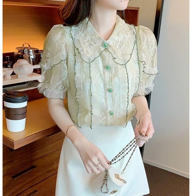 1193 Atasan Pakaian blouse kemeja kerah kancing renda lengan pendek bagus murah mewah elegan haya ce