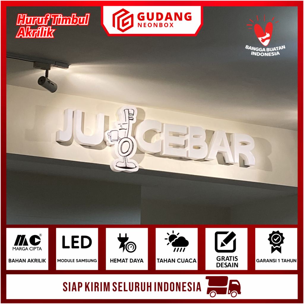 Huruf Timbul Papan Nama Custom LED Menyala Putih Warm White Bahan Akrilik Stainless Plat Bebas Warna