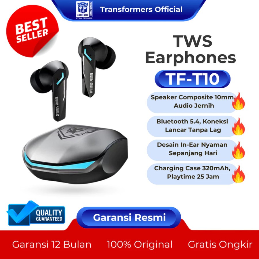 EARPHONE TRANSFORMERS TF-T10 TWS EARBUDS BLUETOOTH 5.4 - HEADSET GAMING - HEADSET WIRELESS - HEADSET