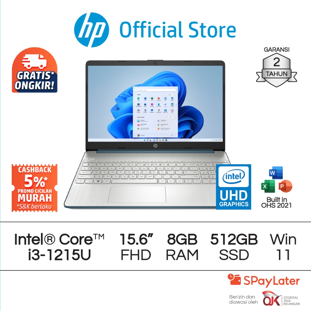 Laptop HP Intel Core i3 UHD 8GB RAM 512GB SSD Blue / Silver Windows 11 Home 15.6 Inch Gen 12 Garansi