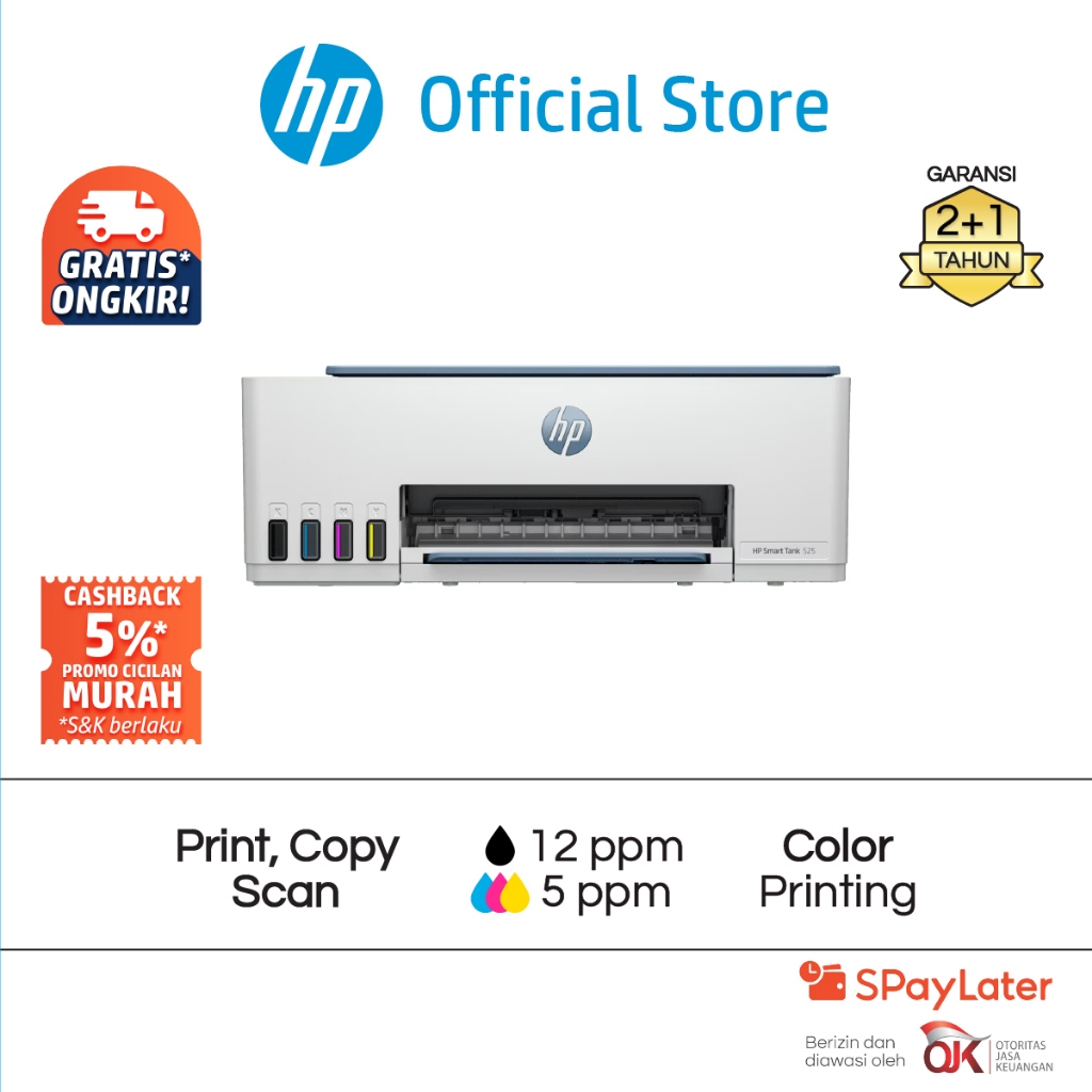 Printer HP Smart Ink Tank 520 / 525 All in One Print Scan Copy USB Fotocopy Color Colour Warna Garan