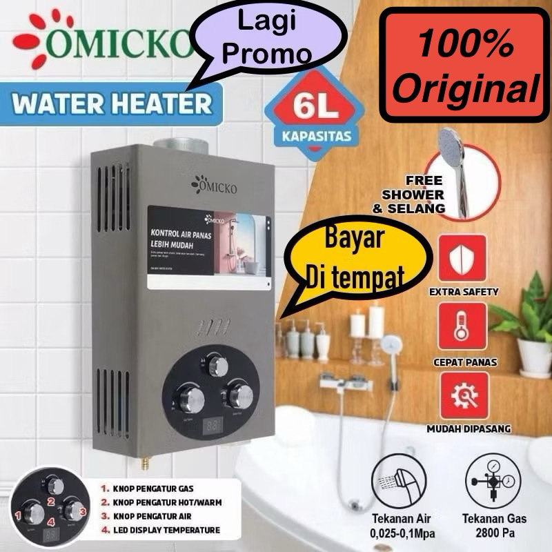 Water Heater Gas Omicko pemanas air gas Digital dan otomatis sudah dilengkapi hanger shower + selang