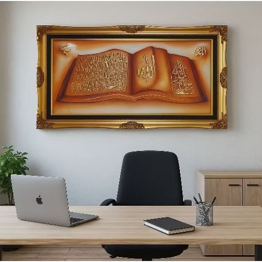 Kaligrafi Al - Qur'an Terbuka Prada Tinta Emas Dekorasi Figura Bingkai Kayu Ukir