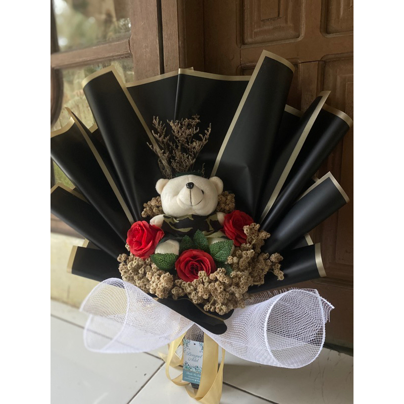 buket bunga buket boneka profesi, TNI polisi, perawat, guru dll artificial bouquet bucket bunga wisu