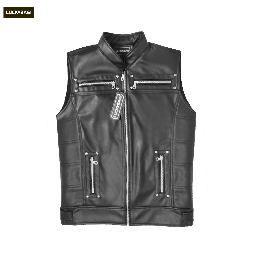 Luckybagi Vest Faux leather Rompi Pria Kulit Biker Vest Rompi Pria Racing Ziper