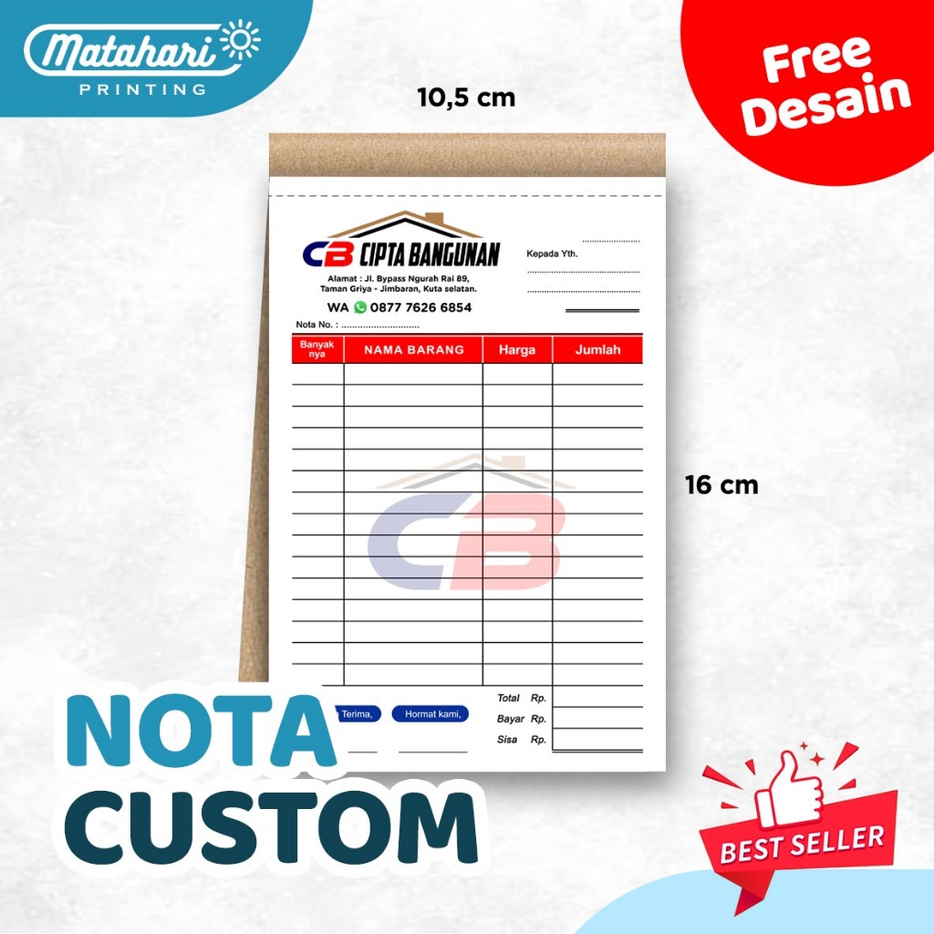 

Cetak nota free desain custom olshop nota kontan penjualan 10x16 cm 1ply tidak rangkap
