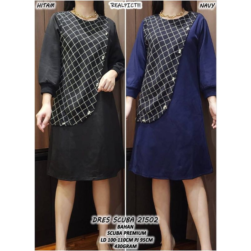 Gaun DRES SCUBA 21502 Premium Hitam/Navy dengan Lingkar Dada 100-110 cm - Pesta, Dewasa, Midi, Casua