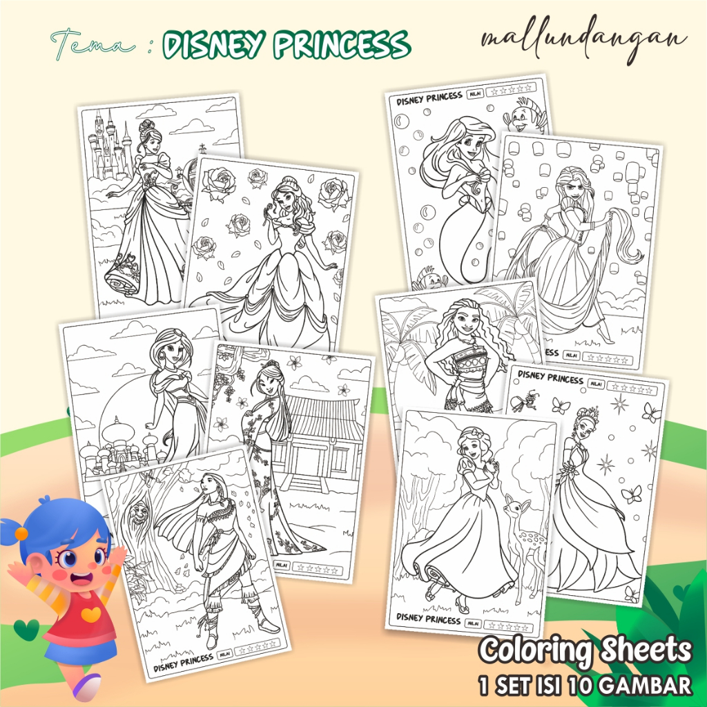 

LEMBARAN MEWARNAI ANAK A4 - KERTAS GAMBAR UNTUK ANAK TEMA DISNEY PRINCES - PAPER COLORING SHEETS FOR KIDS