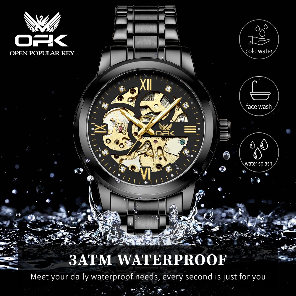 exclusive opk jam tangan automatic pria anti air original luminous stainless steel hitam men watch