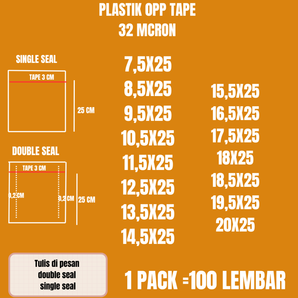PLASTIK OPP TAPE / 32 MICRON/1 LEMBAR || 20x25 || 19,5x25 || 18,5x25 || 17,5x25 || 16,5x25 || 15,5x2