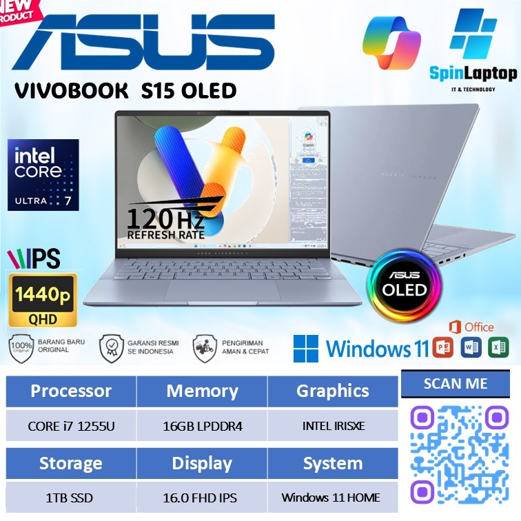 Asus Vivobook  S15 OLED S5506MA Laptop ULTRA 7 -155H 16GB /1TB Windows 15.6 QHD IPS 3K 120HZ